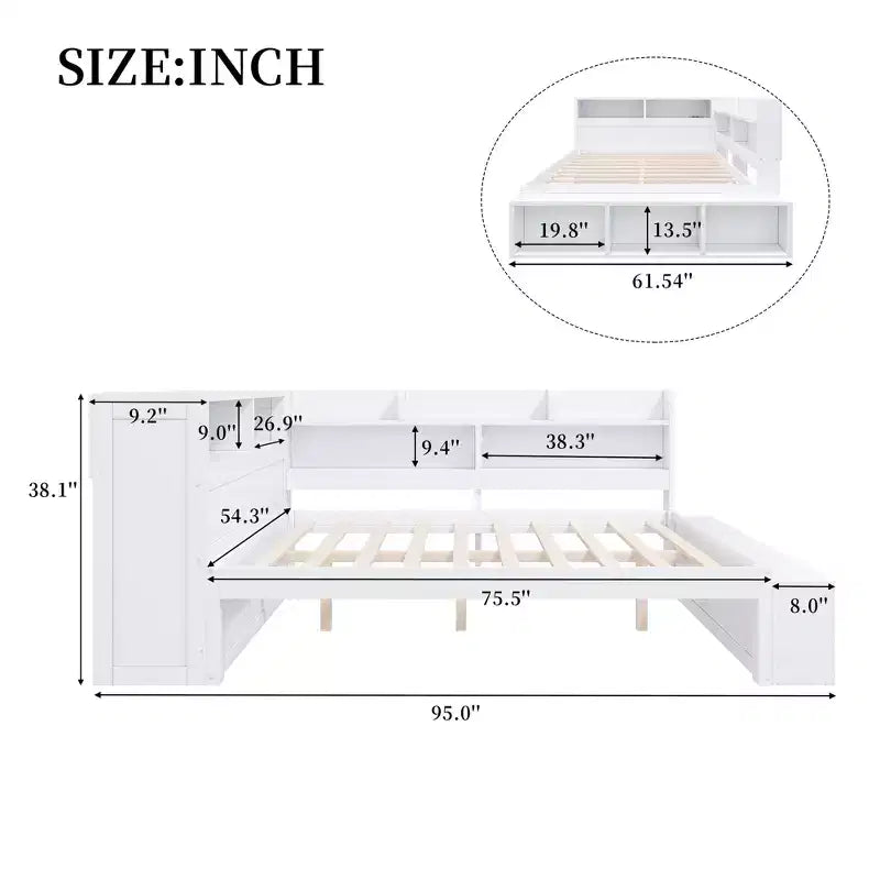 Full Daybed Frame, Solid Wood Daybed with Storage Cabinets and Shoe Cabinet