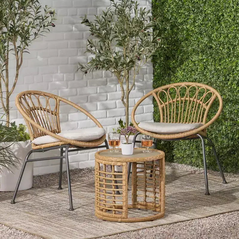 Christopher Knight Home Specter Outdoor Wicker and Tempered Glass 3 Piece Chat Set with Cushion, Light Brown/Beige