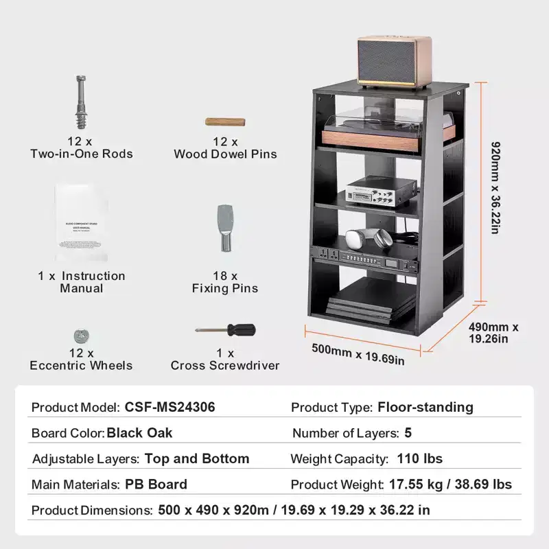 5-Tier AV Media Stand,Wooden Audio-Video Media Stand for DVD Players/Cable Boxes/Games Consoles, Height-Adjustable Media Storage Cabinet, Black