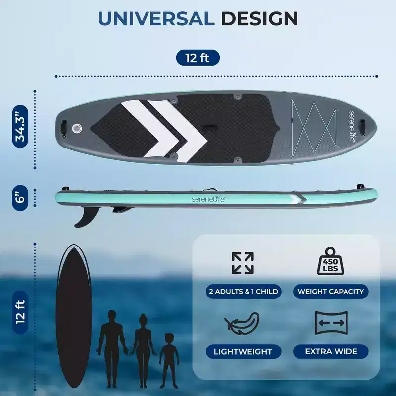 SereneLife Inflatable Stand-Up Paddleboard with Double-Action Pump - Black