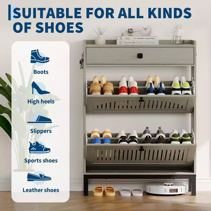 Shoe Storage Cabinet with 2 Flip Drawer, Shoes Organizer with with Top Drawer, Adjustable Shoe Rack