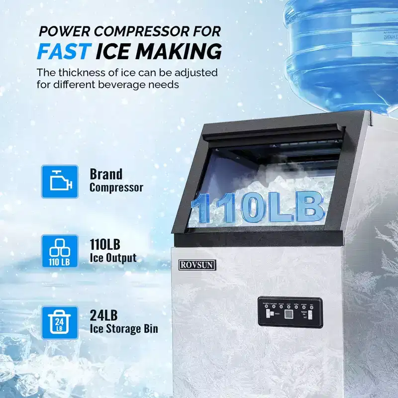 ROVSUN Commercial Ice Maker Machine with 2 Water Inlets, Freestanding Ice Machine with 24lbs Storage Bin, Ice Scoop & Water Filter