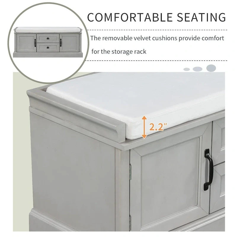 Storage Shoes Bench with 2 Drawers, 2 Cabinets and Removable Cushion