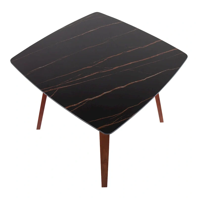 Square Marble Top Dining Table with Splayed Walnut Wood Legs