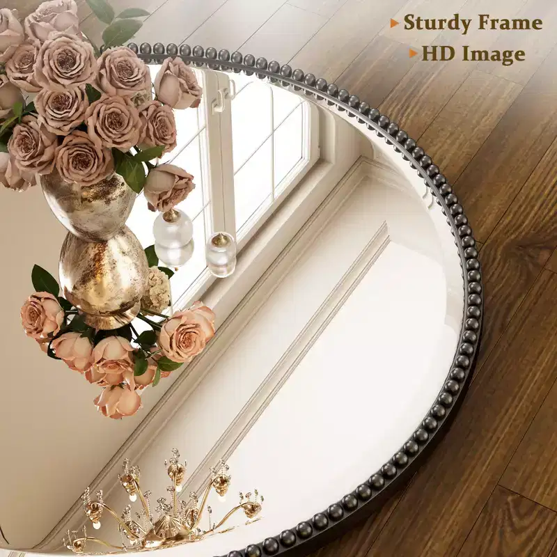 Beaded Round Wall Mirror - Decorative Vanity Bathroom Mirror with Resin Frame