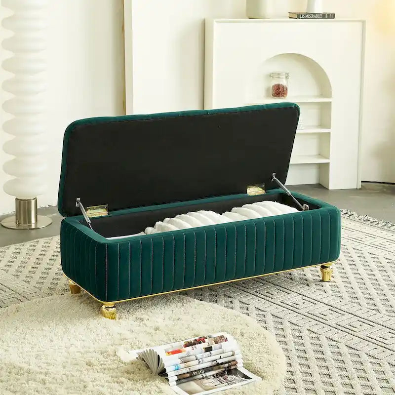 Rectangle Storage Ottoman Bench – Green / Black / Beige, Tufted Velvet, Modern Style, Seats 1–2