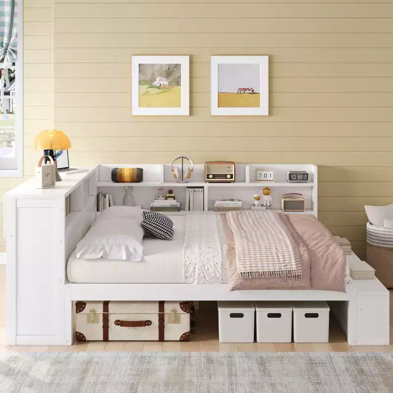 Full Daybed Frame, Solid Wood Daybed with Storage Cabinets and Shoe Cabinet