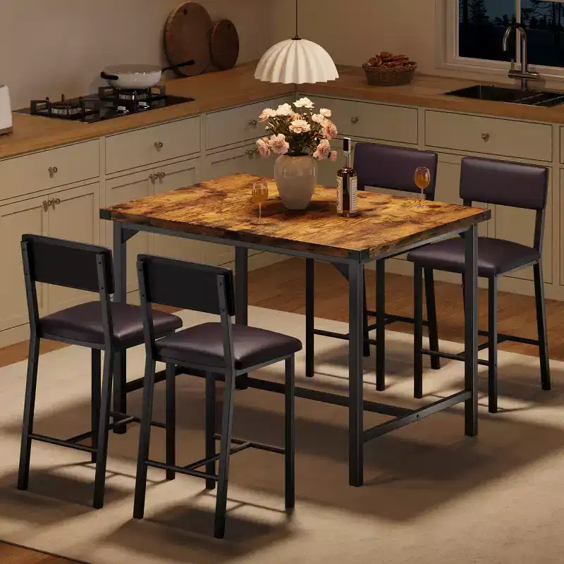 Dining Table Set for 4, 5-Piece Kitchen Table Set, Footrest, Corner Protector, Counter Height Table, 2 Upholstered Bar Stools, for Kitchen
