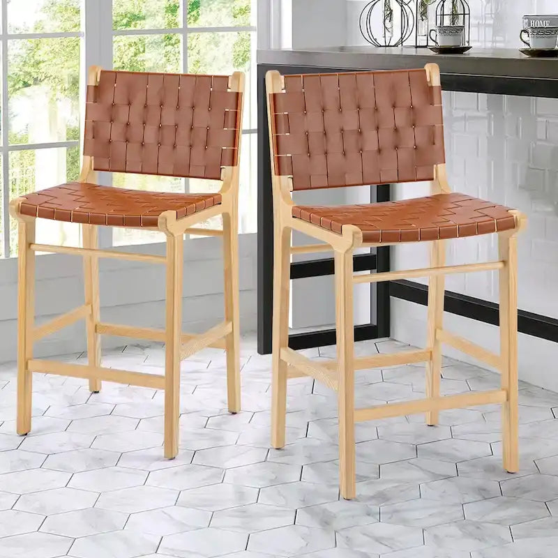 Woven Leather Counter Height Bar Stool, Ash Wood Frame, No Assembly