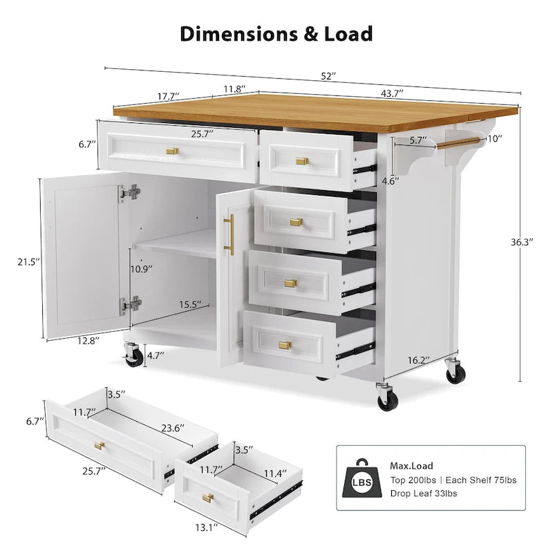 White Drop Leaf Kitchen Island Cart for 1–2 Person, No Stool