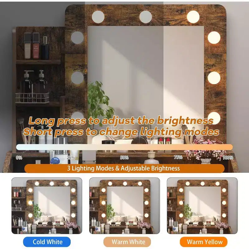 Vanity Desk with Mirror, Makeup Vanity with Cushioned Stool, 3 Lighting Modes Adjustable Brightness