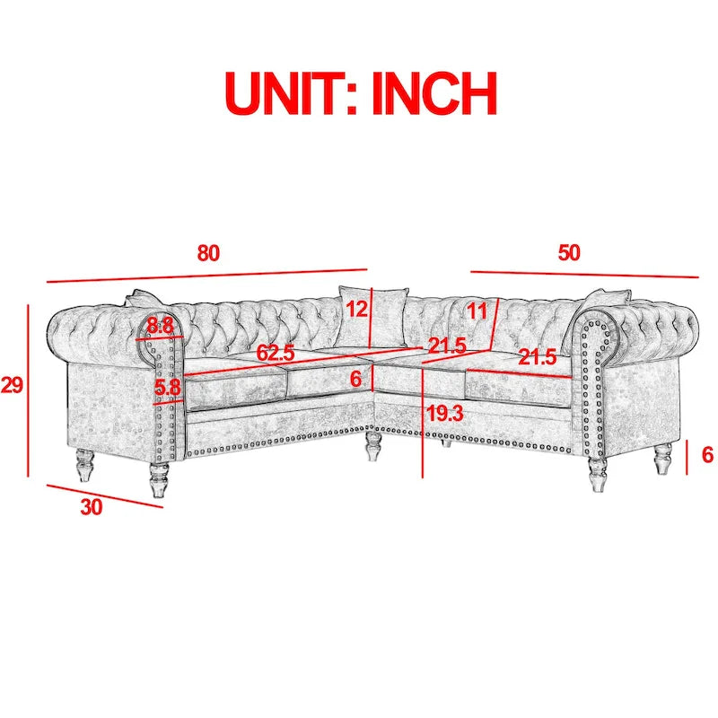 L-shaped sofa with deep-stitched details and curled armrests.