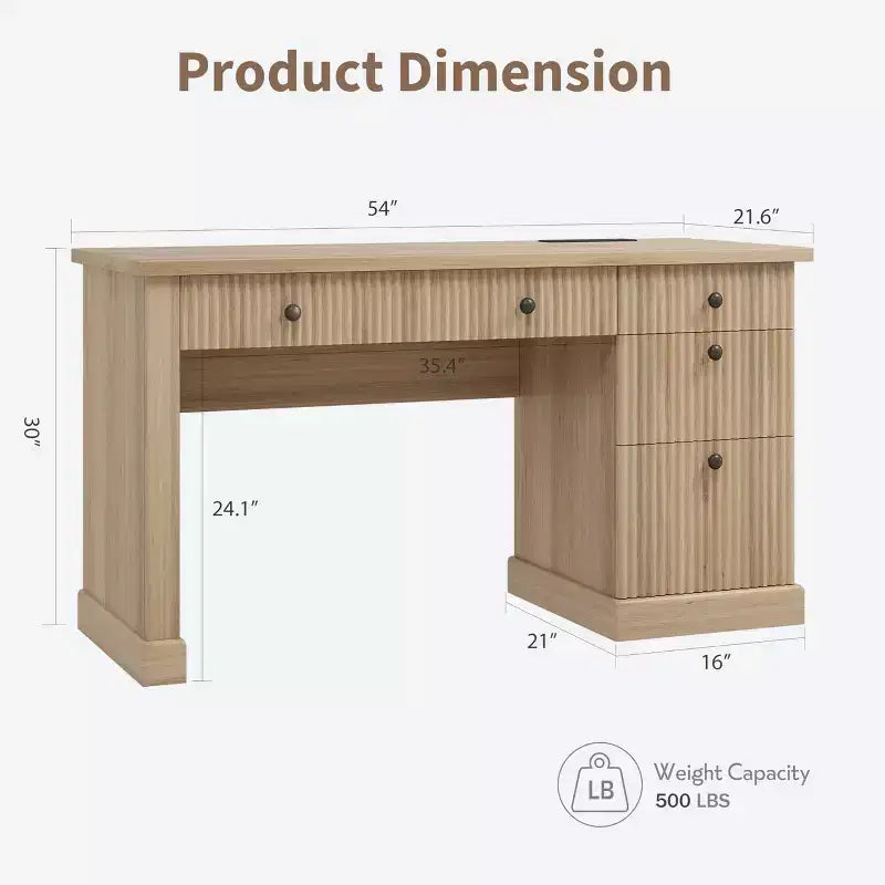 Fluted Home Office Desk Storage, 54 Modern Executive Desk with Charging Station, Wooden Computer Writing Desk with File Drawers for Study Room