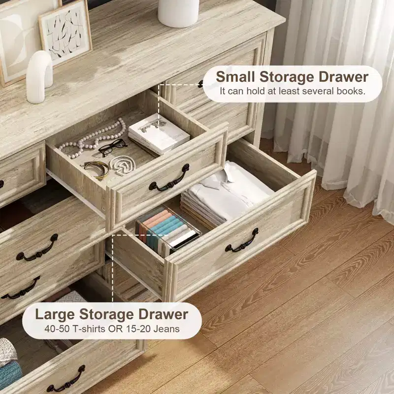 9 Drawer Farmhouse Dresser, Rustic Chest of Drawers with Ample Storage, Solid Wood Look & Metal Handles, Bedroom Clothes Organizer
