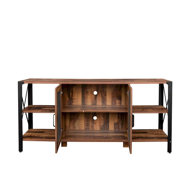 80-Inch Industrial TV Stand – Espresso / Walnut / White, Wood & Metal, Open Shelving with Mesh Door