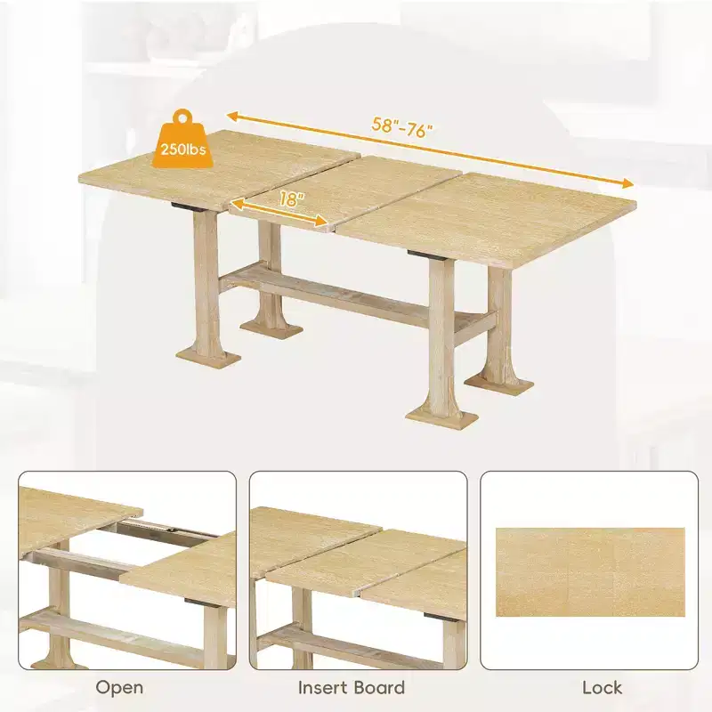 6 Pieces Dining Table Set with Bench for 6, Kitchen Table Set with Storage Drawer and 4 Upholstered Dining Chairs