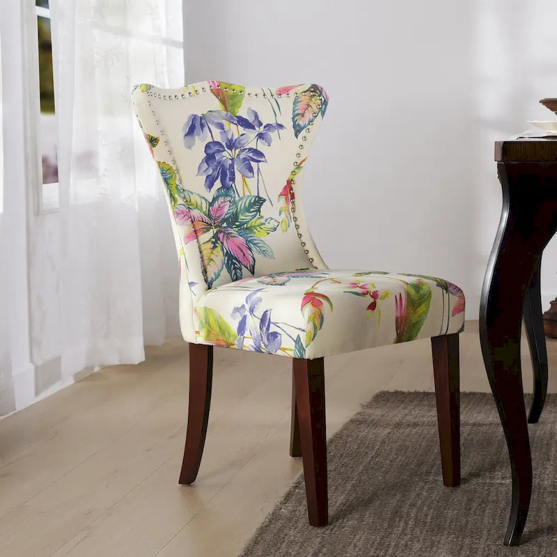 Armless Upholstered Dining Chair – Off-White Floral / Gold Floral / Moss Green / Jet Black / Brown Floral / Midnight Blue, Curved Back, Nailhead Trim, Seats 1