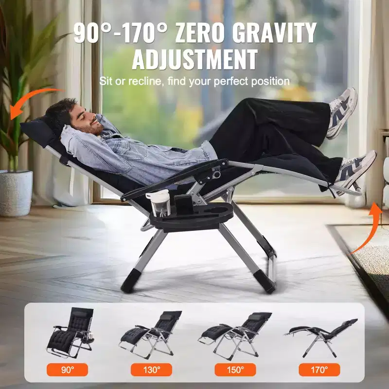 VEVOR Zero Gravity Chair, 33 inch Zero Gravity Recliner Lounge Chair for Indoor and Outdoor, Adjustable Anti Gravity Chair, 500 lbs, Black