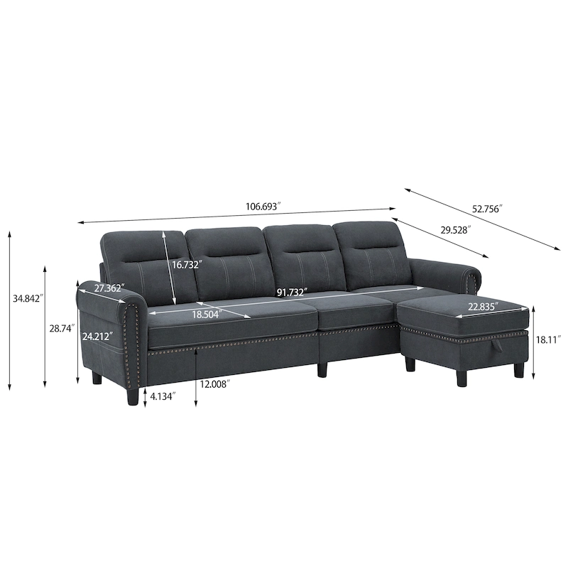 106.69 4 Seater L Shaped Reversible Sectional Sofa with Side Storage Bags