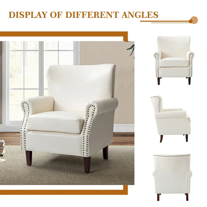Transitional Leather Armchair with Nailhead Trim Rolled Arms