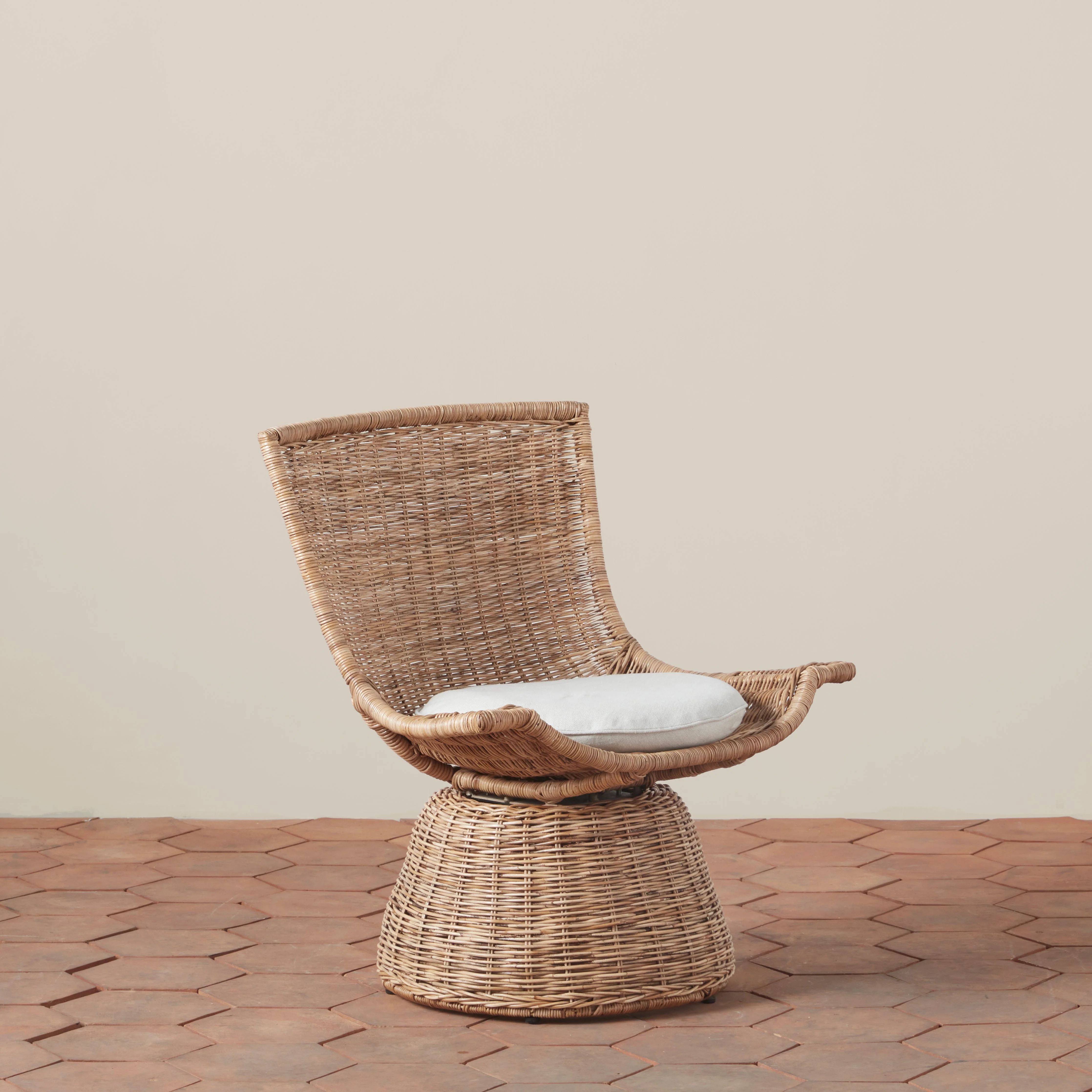 Mid-Century Modern Handwoven Rattan & Linen Small Swivel Chair with Compact Scale for Bedroom or Study