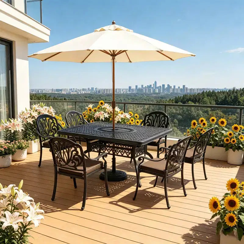 5-Piece Rectangular Cast Aluminum Patio Dining Set for Outdoor Backyard Garden Deck Poolside with Cushions