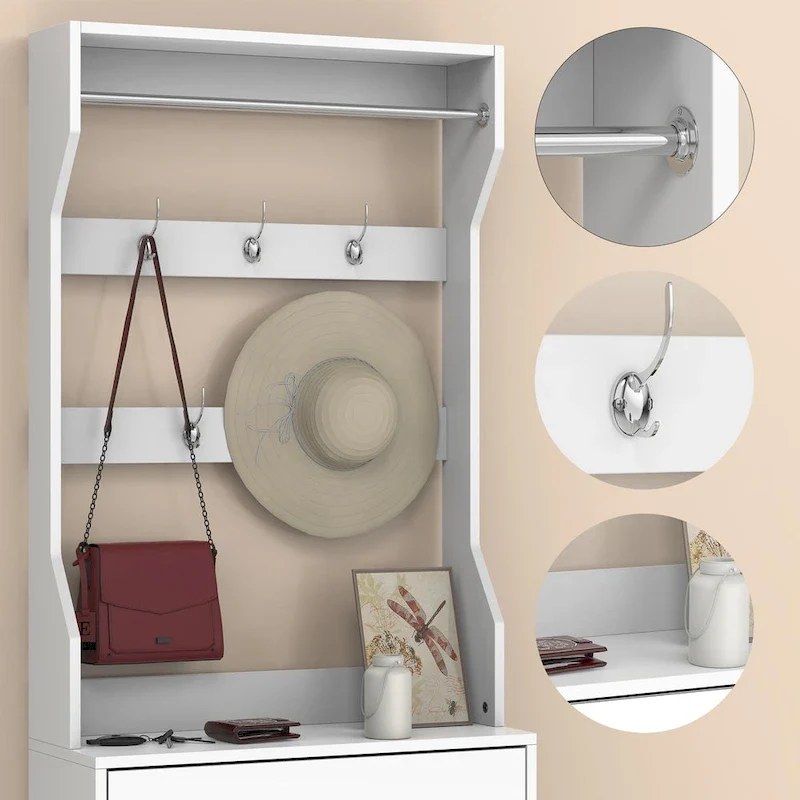 White Flip-Down Shoe Cabinet with Mirror Hooks Hanger Rod Tabletop Entryway Storage