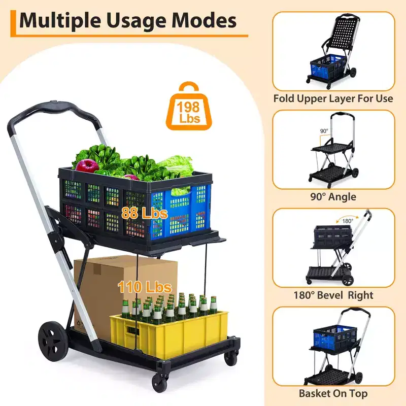 2 Tier Folding Shopping Carts for Groceries, 198 LB Capacity, Collapsible Portable Grocery Cart with Wheels & Removable Crate for Mall Market, Blue