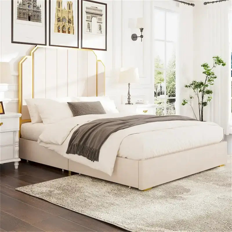 Queen Velvet Platform Bed – Gold + Creamy White / Black / Blue, Channel Headboard, 4 Storage Drawers, Sleeps 1