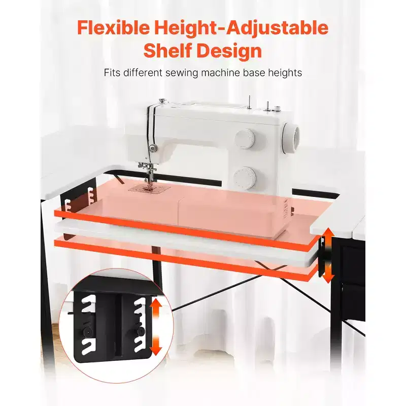Multipurpose Sewing Machine Table with Drawers, Foldable Side Shelf, Adjustable Shelf, Steel Legs, White