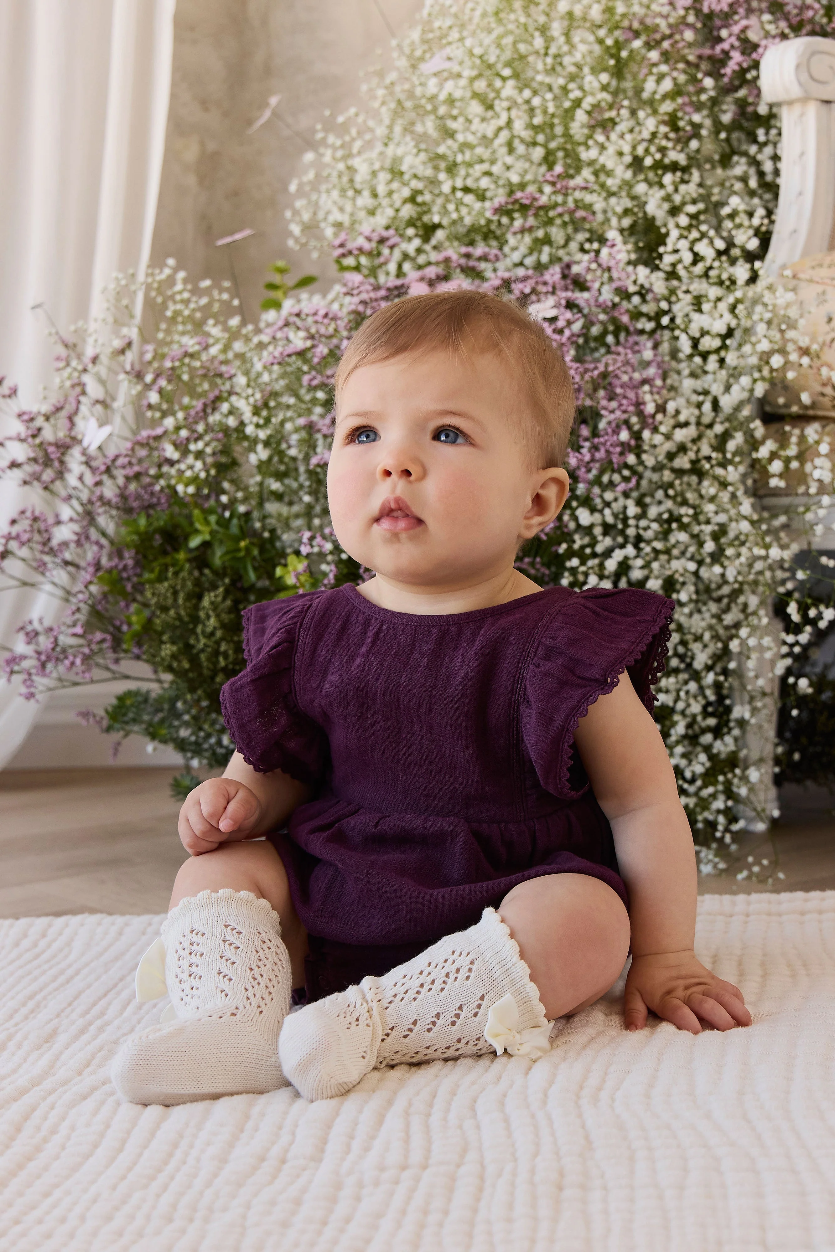 Delicate Milk Cotton-Polyester Textured Socks with Scalloped Cuff & Bow Detail for Girls NB–10Y