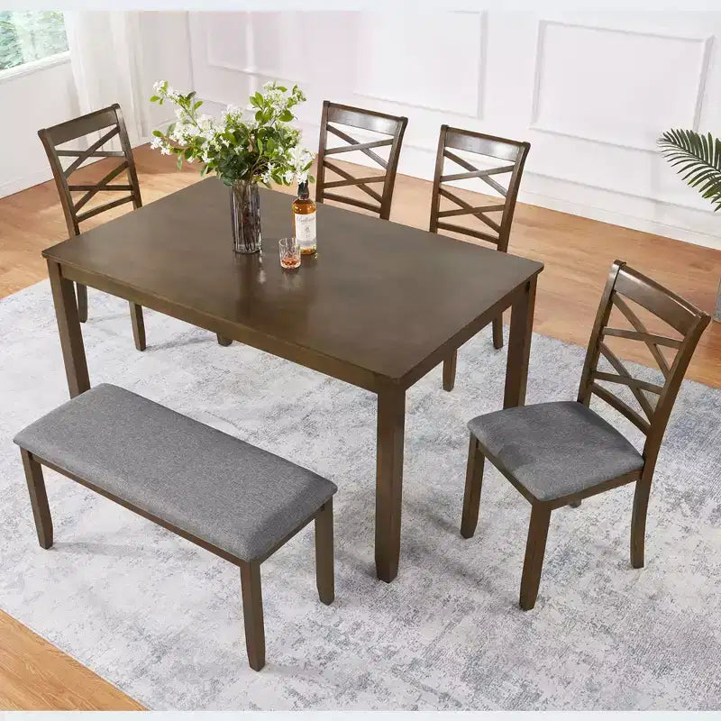 MAYEERTY 6-Piece Dining Set for 6, Wooden Rectangular Table + 4 Upholstered Chairs & Bench, Gray