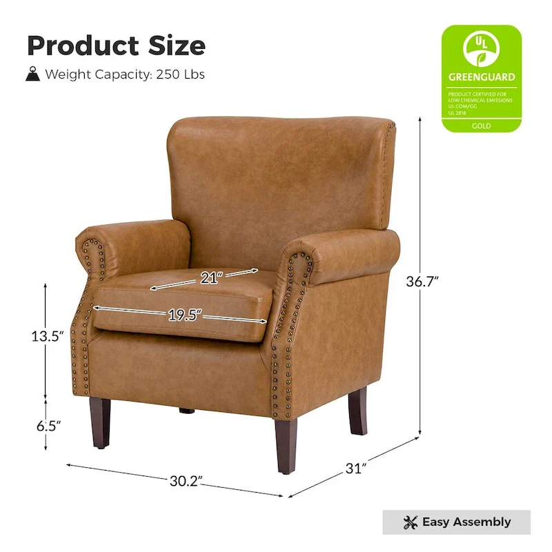 Transitional Leather Armchair with Nailhead Trim Rolled Arms