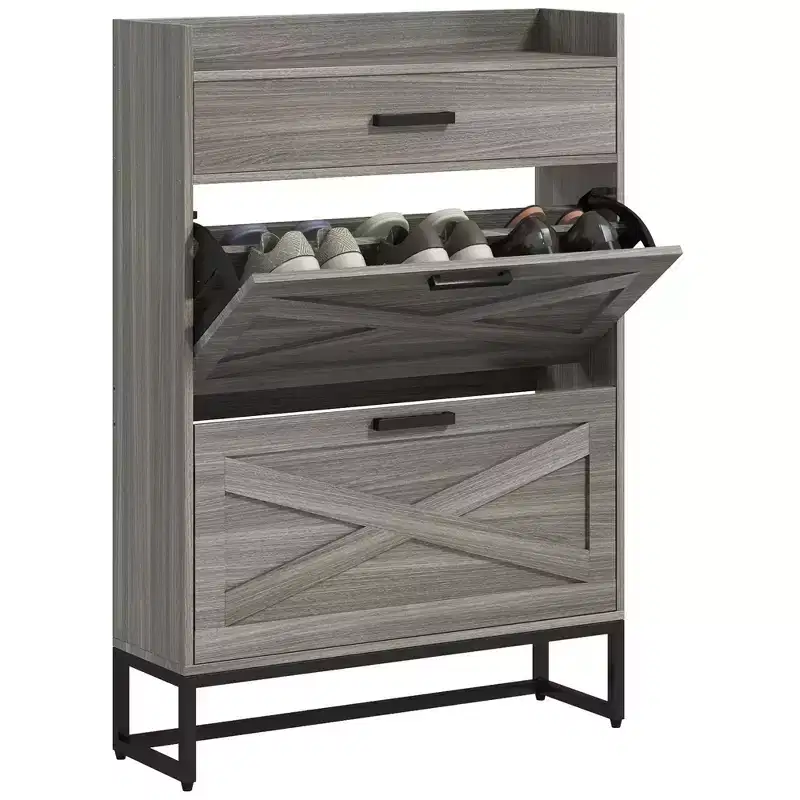Slim Industrial Shoe Cabinet - 2 Flip Drawers, Adjustable Shelves, Holds 12 Pairs