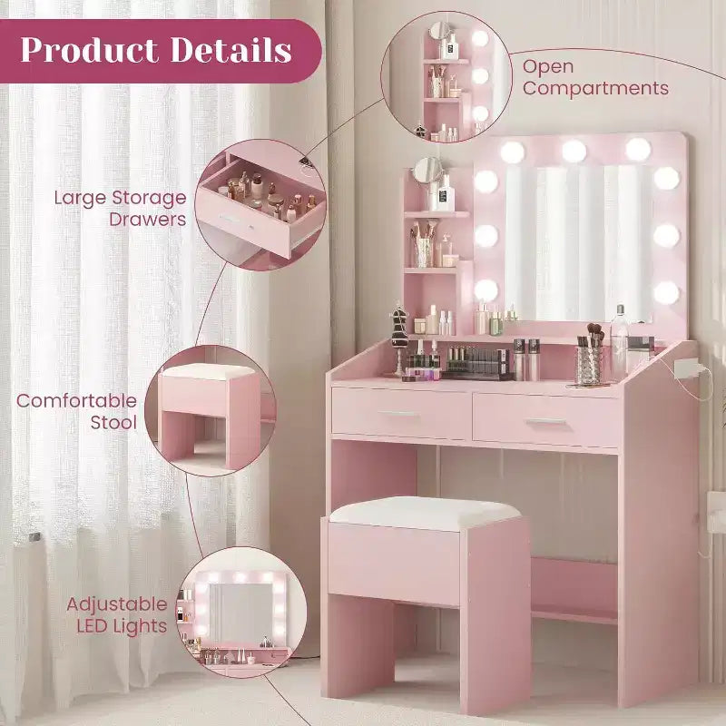 Vanity Desk with Mirror, Makeup Vanity with Cushioned Stool, 3 Lighting Modes Adjustable Brightness