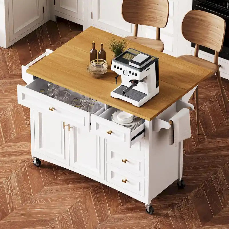 White Drop Leaf Kitchen Island Cart for 1–2 Person, No Stool