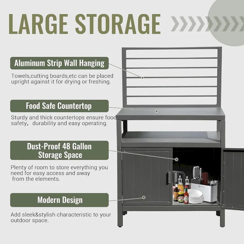 Outdoor Kitchen Storage Island – Grey, Powder-Coated Aluminum, Food-Safe Countertop, Modular Design