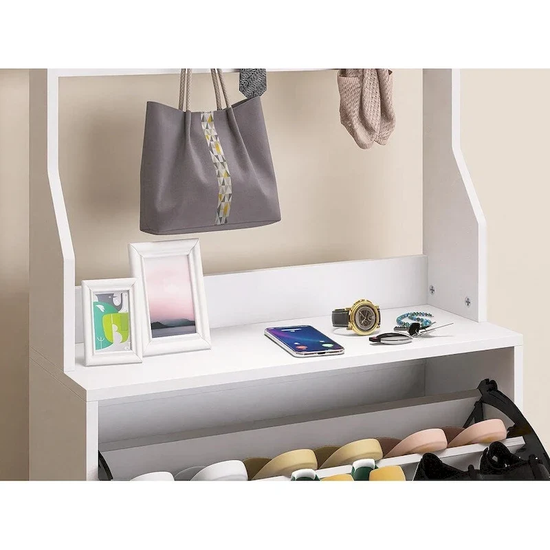 White Flip-Down Shoe Cabinet with Mirror Hooks Hanger Rod Tabletop Entryway Storage