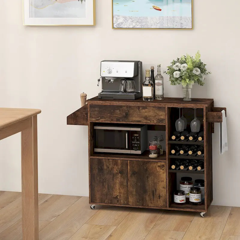 Kitchen Island Cart – White / Brown / Black, Drop-Leaf, Power Outlet, Wine Rack, Microwave Shelf, Casters