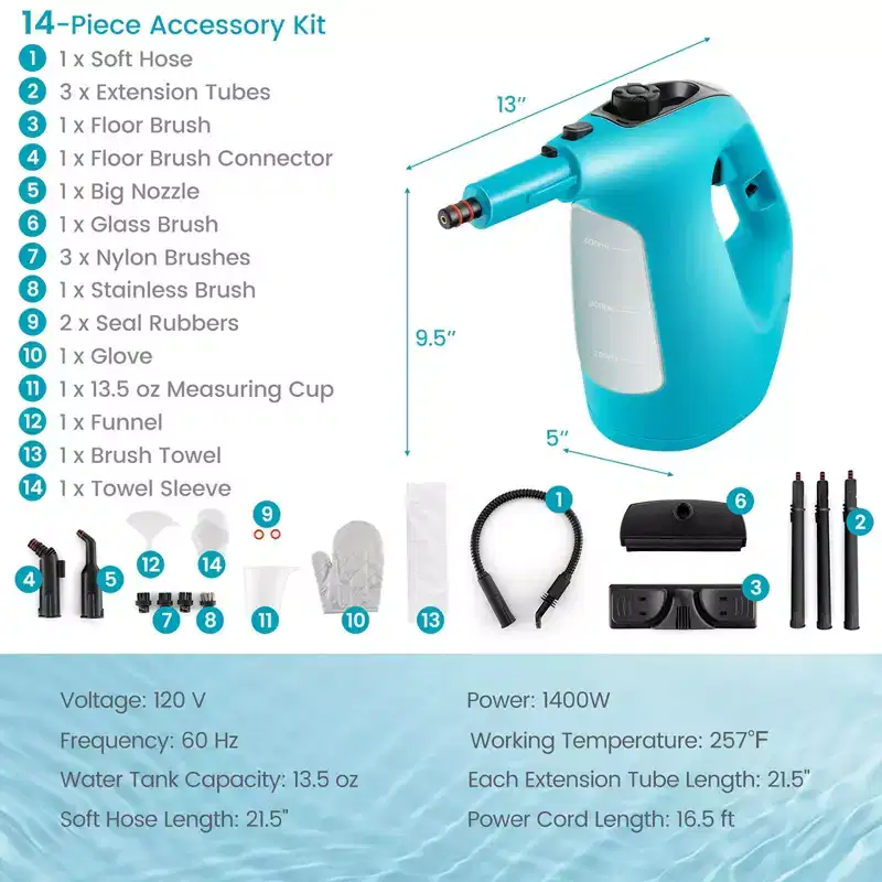 Costway 1400W Multipurpose Handheld Steam Cleaner Steam Mop with 14 Accessories Blue/Green
