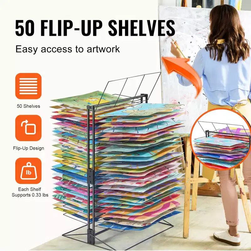 VEVOR Art Drying Rack, 50 Removable Shelves 20 x 17 x 30 inch Paint Drying Rack with Stable Base, Carbon Steel Metal Painting Drying Rack, Black