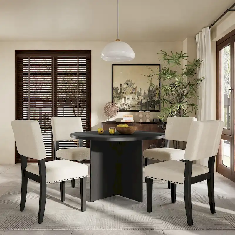 Modern 5-Piece Round Dining Table Set Pedestal Kitchen Table Set with 4 Upholstered Dining Chairs