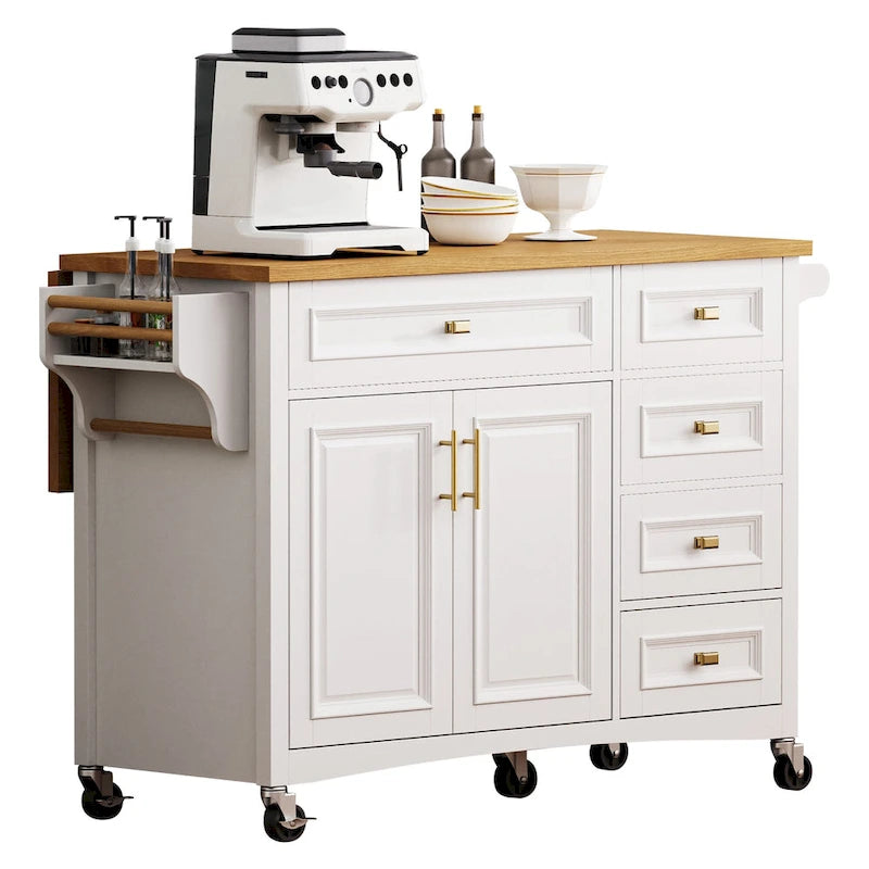 White Drop Leaf Kitchen Island Cart for 1–2 Person, No Stool