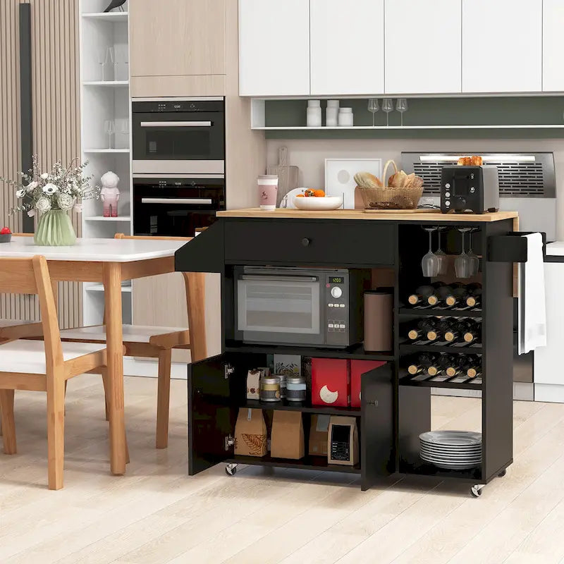 Kitchen Island Cart – White / Brown / Black, Drop-Leaf, Power Outlet, Wine Rack, Microwave Shelf, Casters