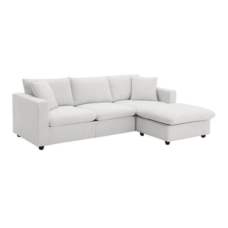 White L-Shaped Sectional Sofa with Ottoman, Seats 5