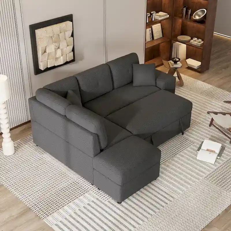 Roomfitters Convertible Sleeper Sectional Sofa Bed with Storage Ottoman, Two Throw Pillows, Two Stools, Wireless Charger