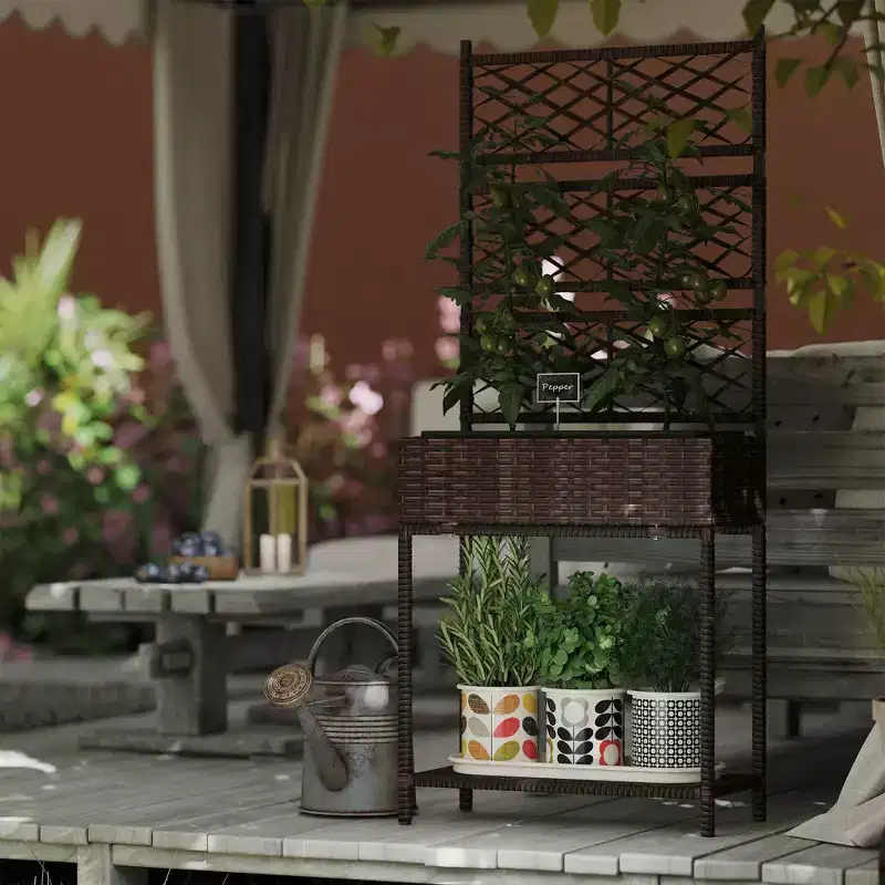 Outdoor Wicker Planter with Trellis for Climbing Plants, Freestanding Rattan Garden Box with Storage Shelf