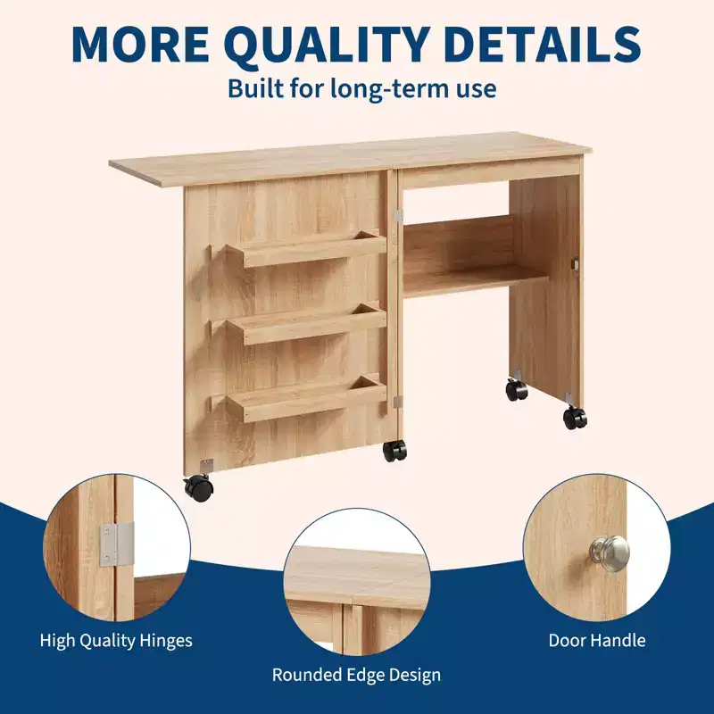 Folding Sewing Table and Compact Craft Station with Lockable Wheels, Sewing Machine Desk with Storage Shelves, Trays and Pegs