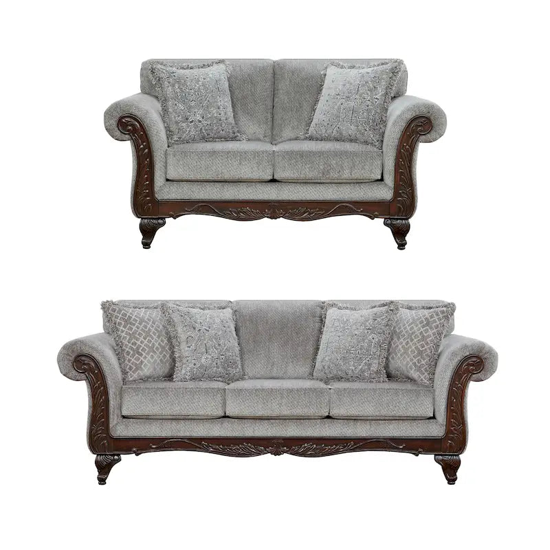 Roundhill Furniture Hernen 2-Piece Carved Wood Frame Living Room Set