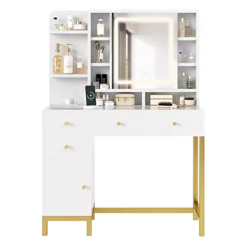 Makeup Table, Vanity Desk Dressing Table with LED Lighted Mirror & Power Outlet, 3 Lighting Modes